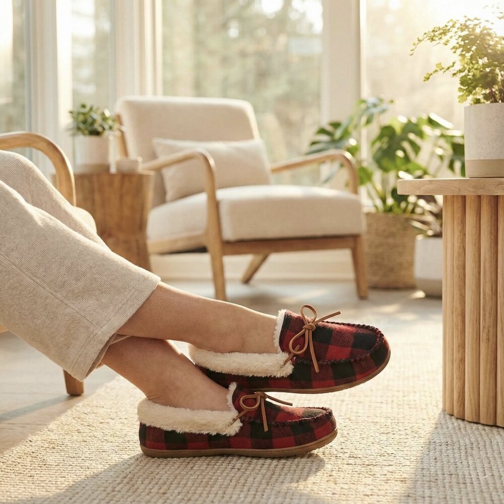 Sonoma Red and Black Plaid Faux-Shearling Slippers